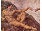 mwe16646  Michelangelo Buonarroti  Deckenfresko zur Schöpfungsgeschichte in der Sixtinischen Kapelle, Hauptszene  Der Schöpfergott erschafft Adam, Detail  Adam